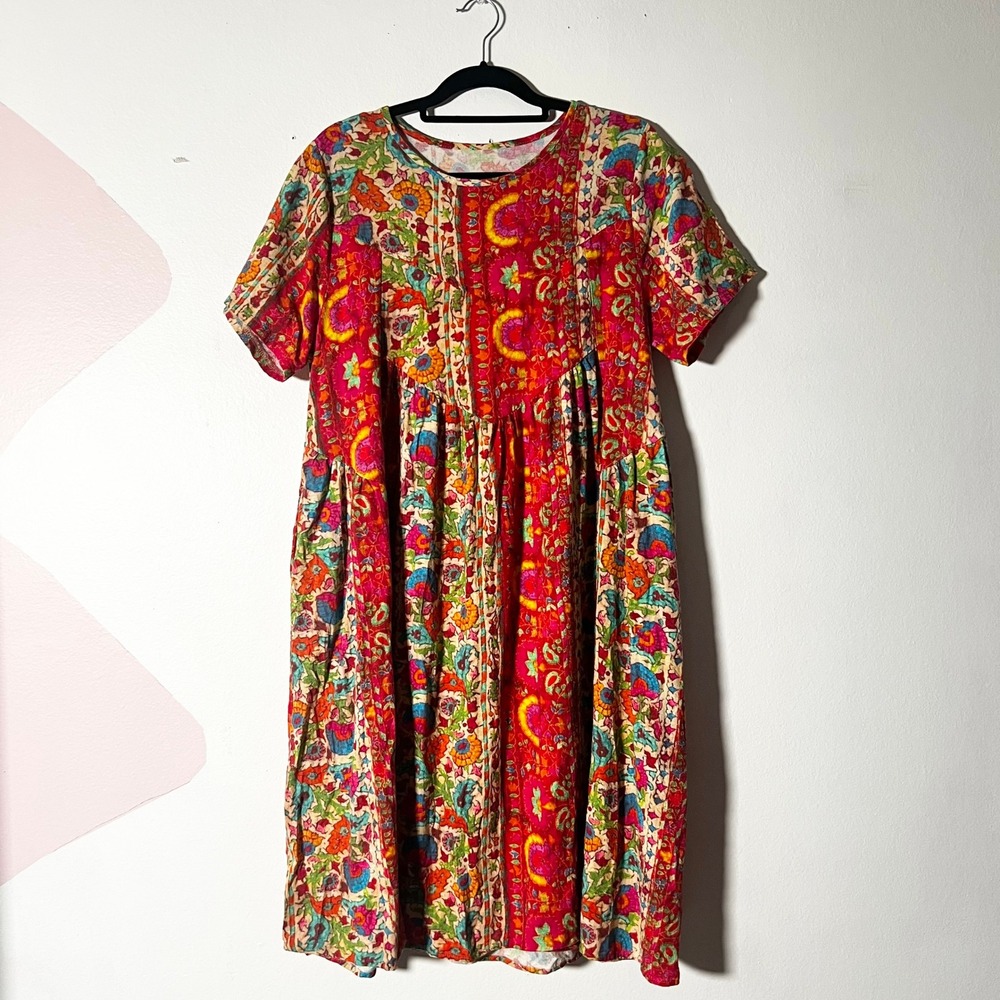 100% Linen Midi Dress Women's XL Floral Paisley Babydoll Pockets Boho